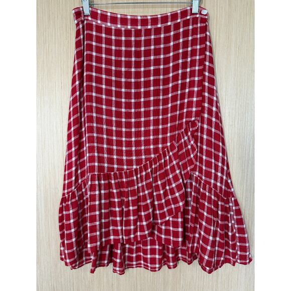 NEW Rails Lizzy Linen Blend Ruffle Hem Wrap Skirt Womens Size Large Plaid Red - Picture 2 of 12